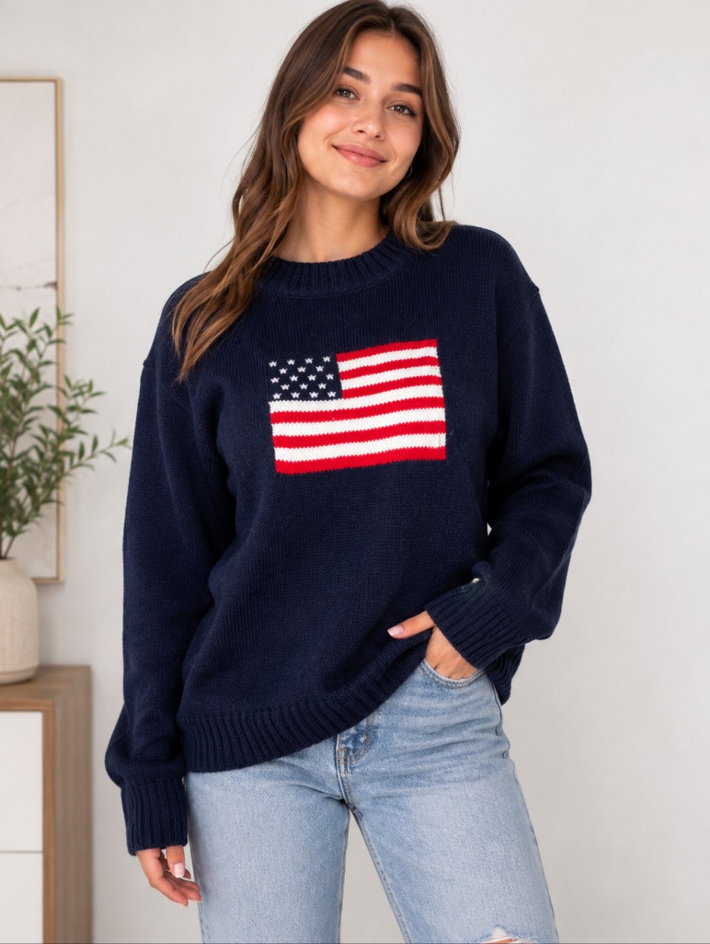 New Madore Women’s Large Navy American Flag Oversized Knit Sweater